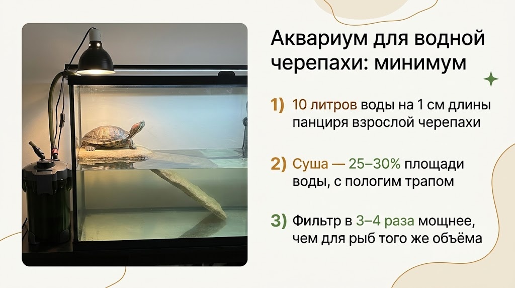 Аквариум для водной черепахи: минимум